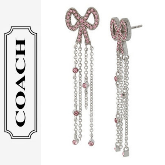 Coach Swarovski Crystals Chains Silver Pave Bow Earrings - Picture 1 of 6